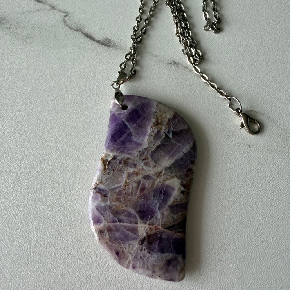 Natural Purple Amethyst Pendant Necklace on Silver Chain